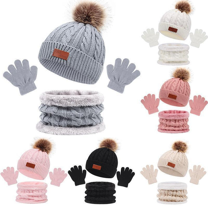 Winter knit hat set with pom-pom, matching gloves, and cozy neck warmer in multiple colors