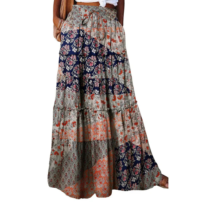 Bohemian floral patchwork maxi skirt with drawstring waist in multiple colors