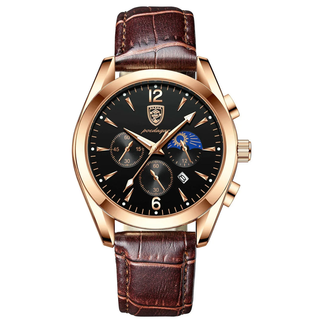 Men's Poedagar rose gold watch with black dial, brown leather strap, and multi-function chronograph