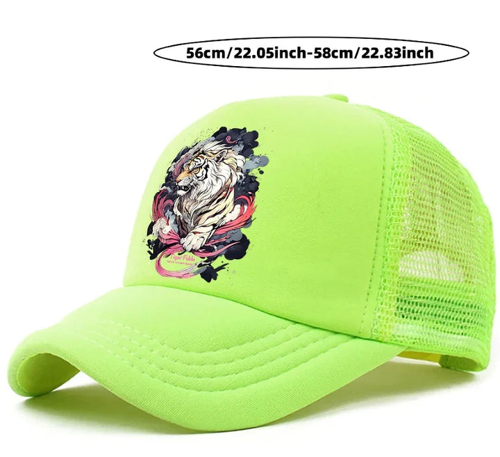 Neon green trucker cap with mesh back and artistic white tiger design on front panel