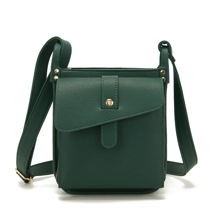Dark green leather crossbody bag with front flap and gold button closure