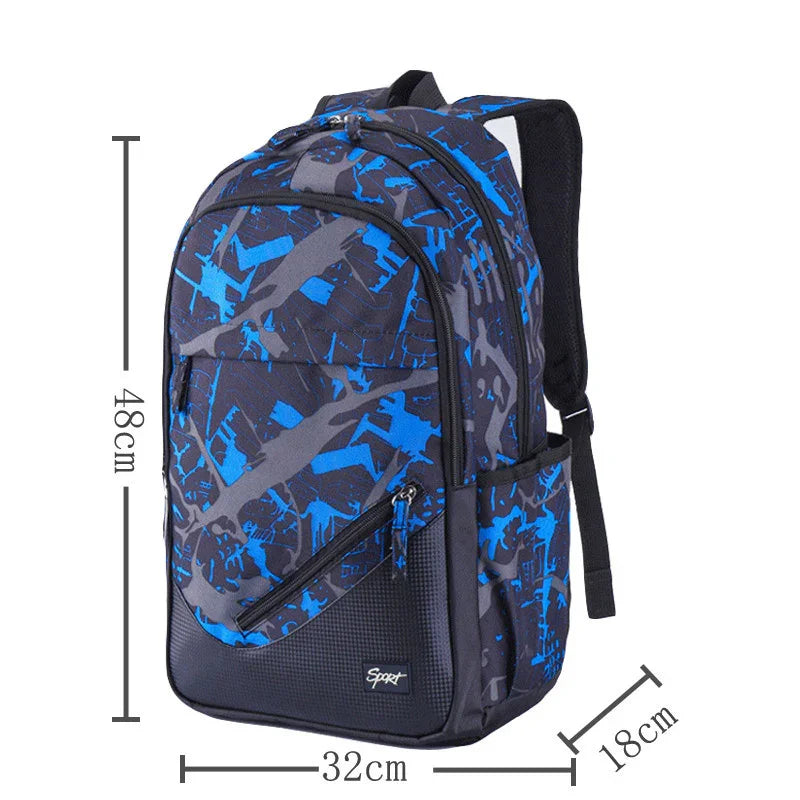 Blue and black camouflage sport backpack with multiple compartments, padded straps, 48x32x18 cm