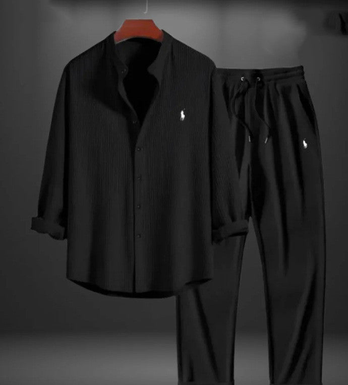Black casual outfit with a button-up shirt and matching drawstring pants featuring white polo logo