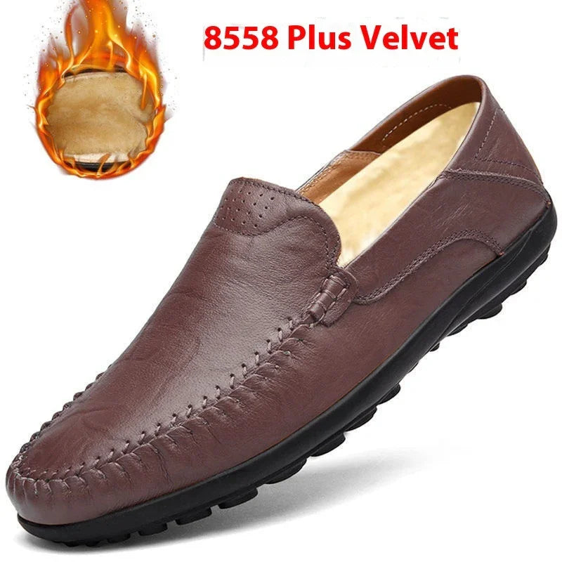 Brown leather slip-on shoe with black sole and warm velvet interior lining, model 8558 Plus Velvet