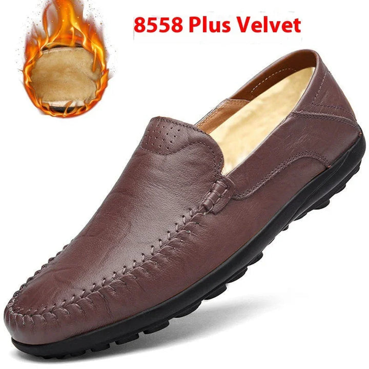 Brown leather slip-on shoe with black sole and warm velvet interior lining, model 8558 Plus Velvet