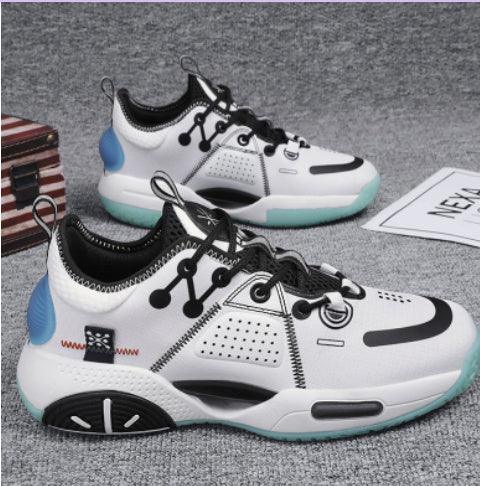 white and black athletic sneakers with blue accents on gray carpet background