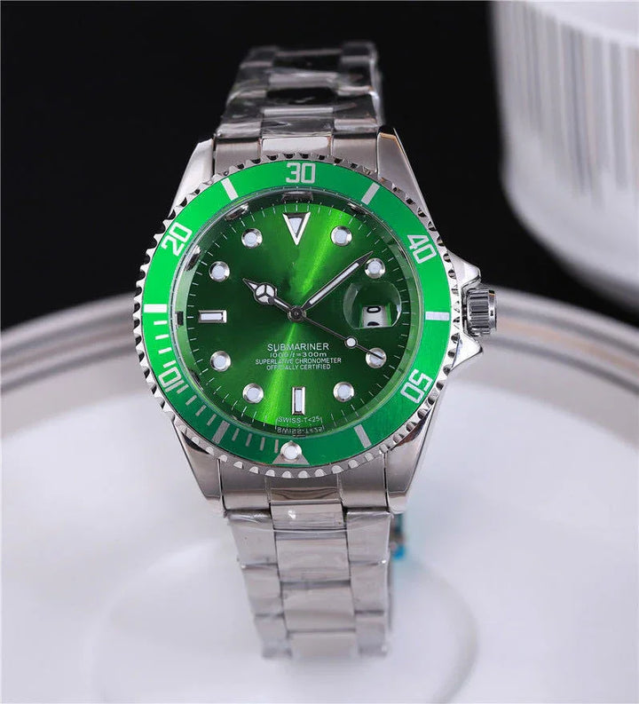 Green dial Submariner watch with silver stainless steel band and rotating bezel on white surface