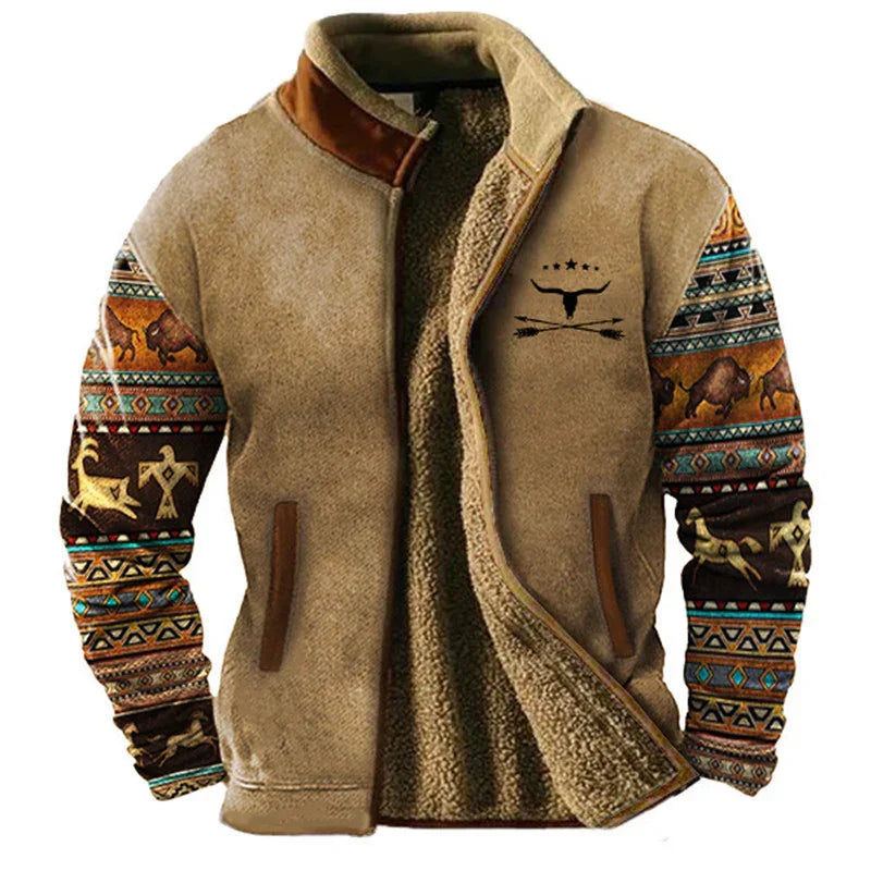 Beige sherpa fleece jacket with Native American inspired patterned sleeves and western bull skull logo
