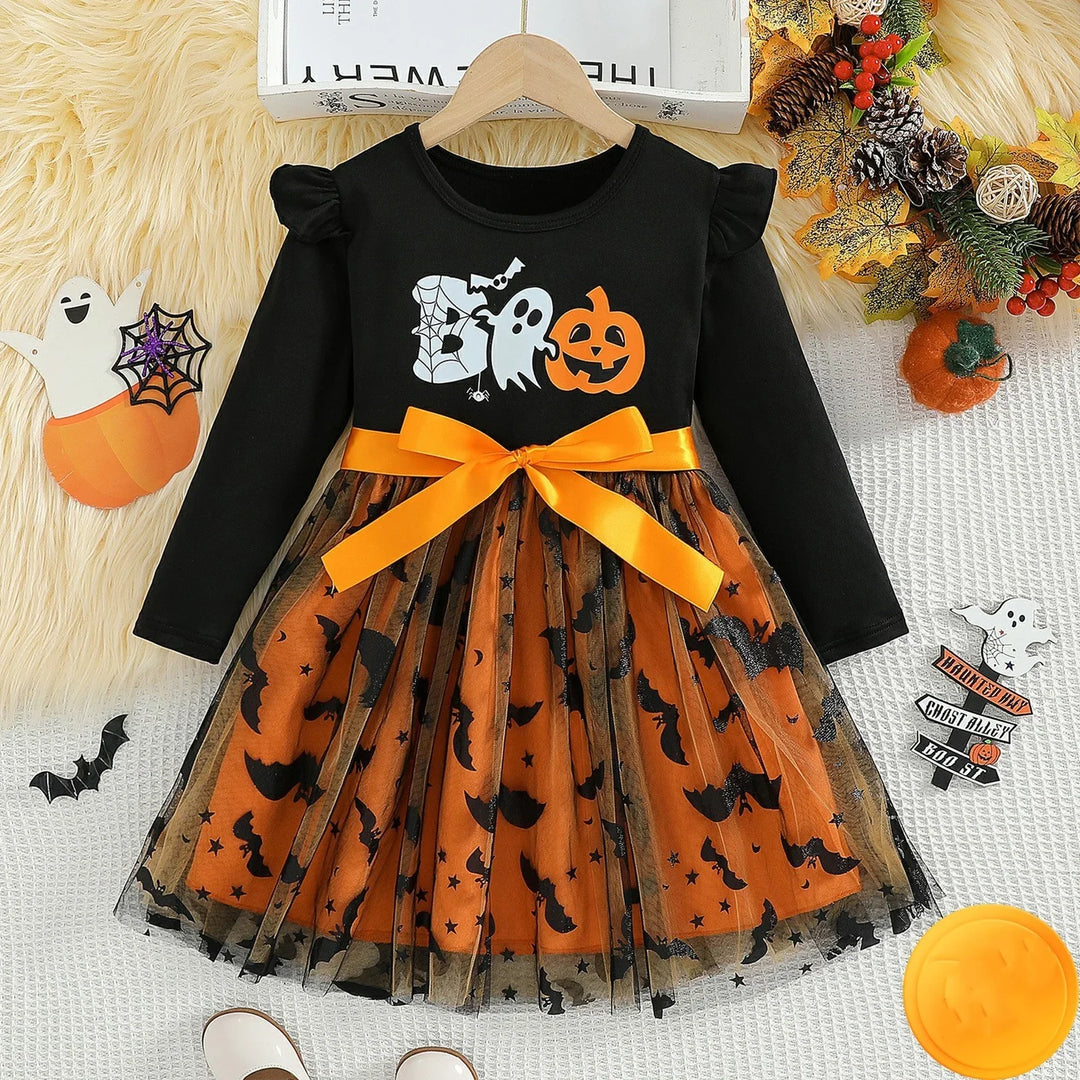 Black and orange Halloween dress for kids with ghost, pumpkin print, tulle skirt, and orange bow