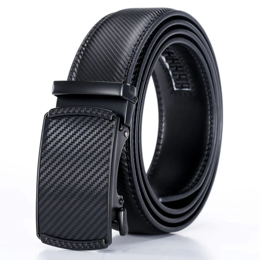 black leather men's belt with carbon fiber pattern automatic buckle on white background