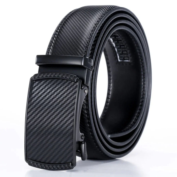 black leather men's belt with carbon fiber pattern automatic buckle on white background