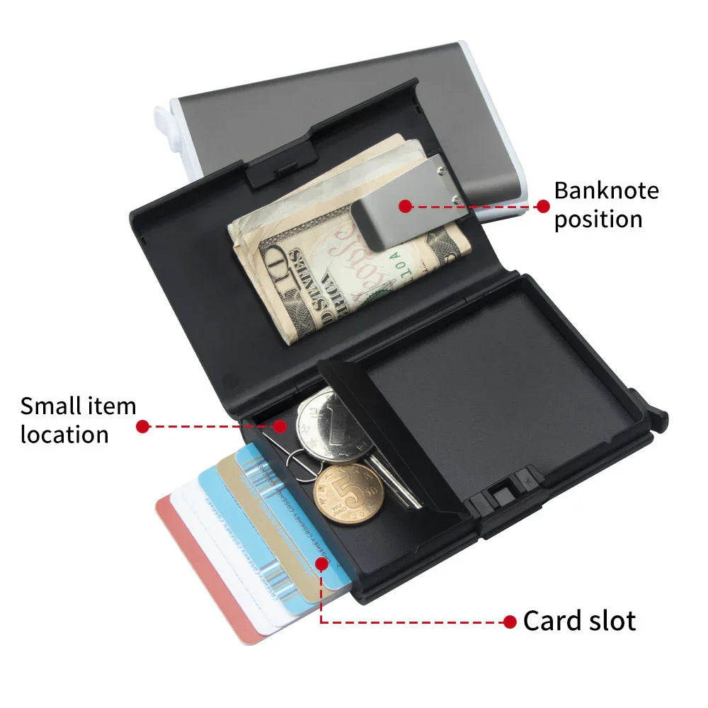 Black slim wallet with labeled sections holding folded cash, coins, and several cards