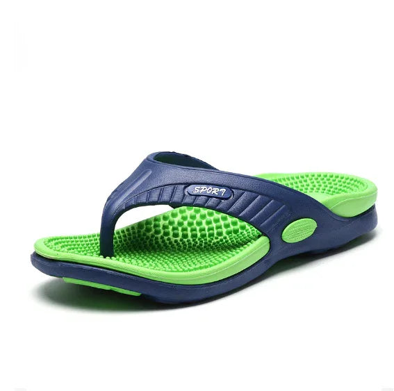 Green and navy blue sport massage flip flop sandal with textured footbed