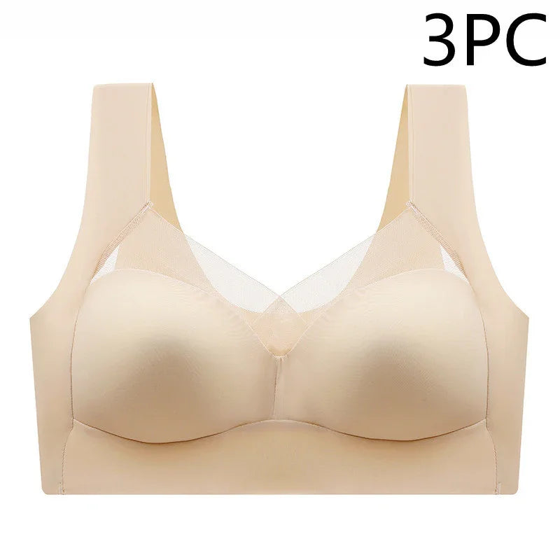 Beige seamless wireless bra with mesh detail, 3-pack, comfortable lingerie.