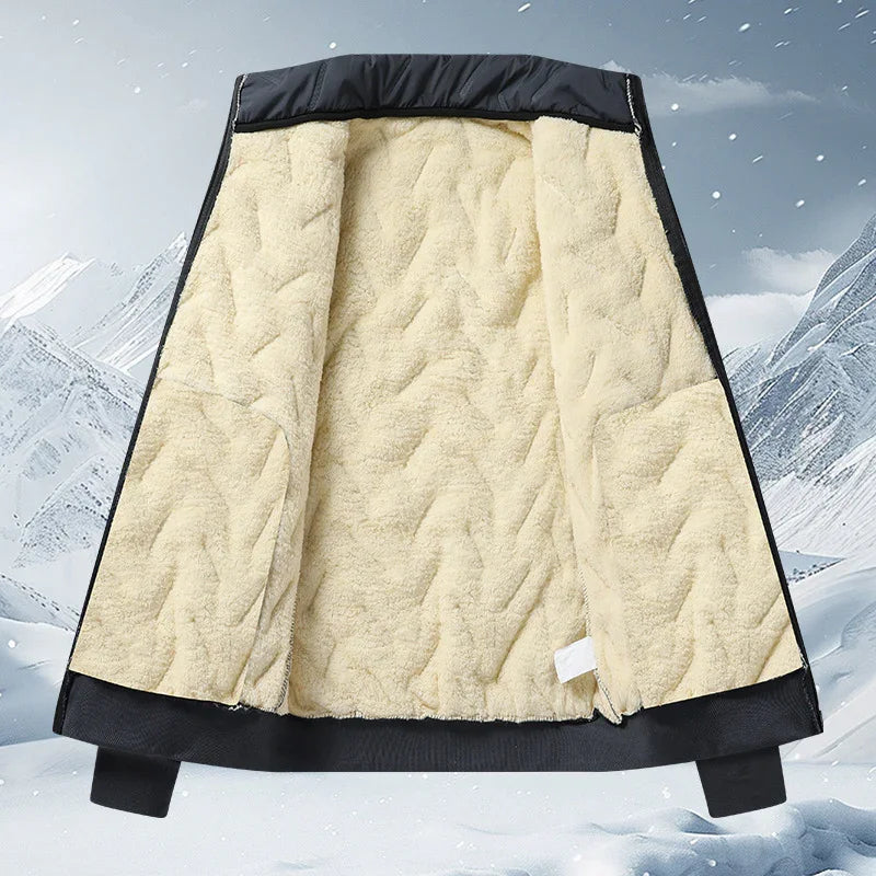 Black winter jacket with soft beige fleece lining, displayed open against snowy mountain background