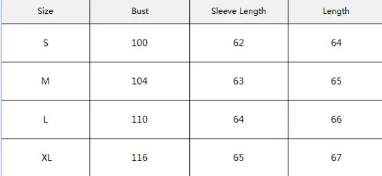 Clothing size chart displaying bust, sleeve length, and length measurements for sizes S, M, L, and XL.