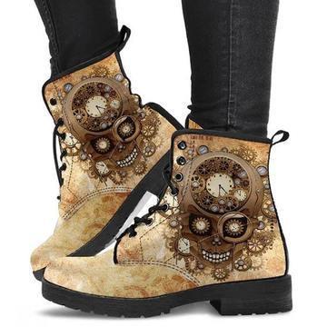women's lace-up boots with steampunk skull and clock gear design on beige background