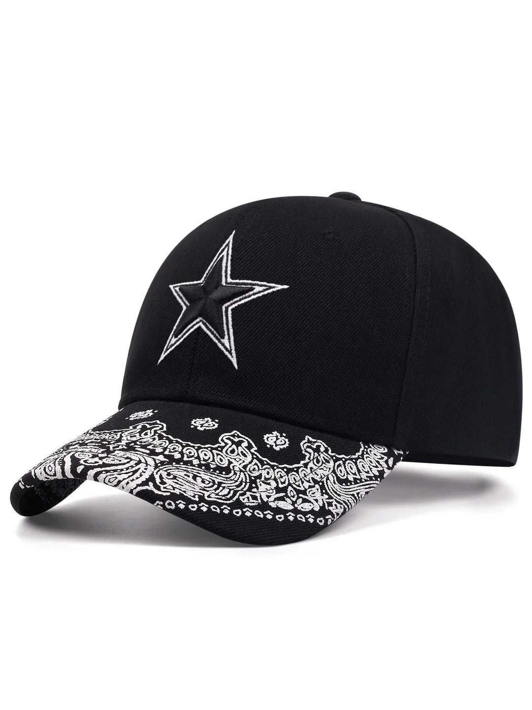 Black baseball cap with white embroidered star and paisley pattern on the curved brim