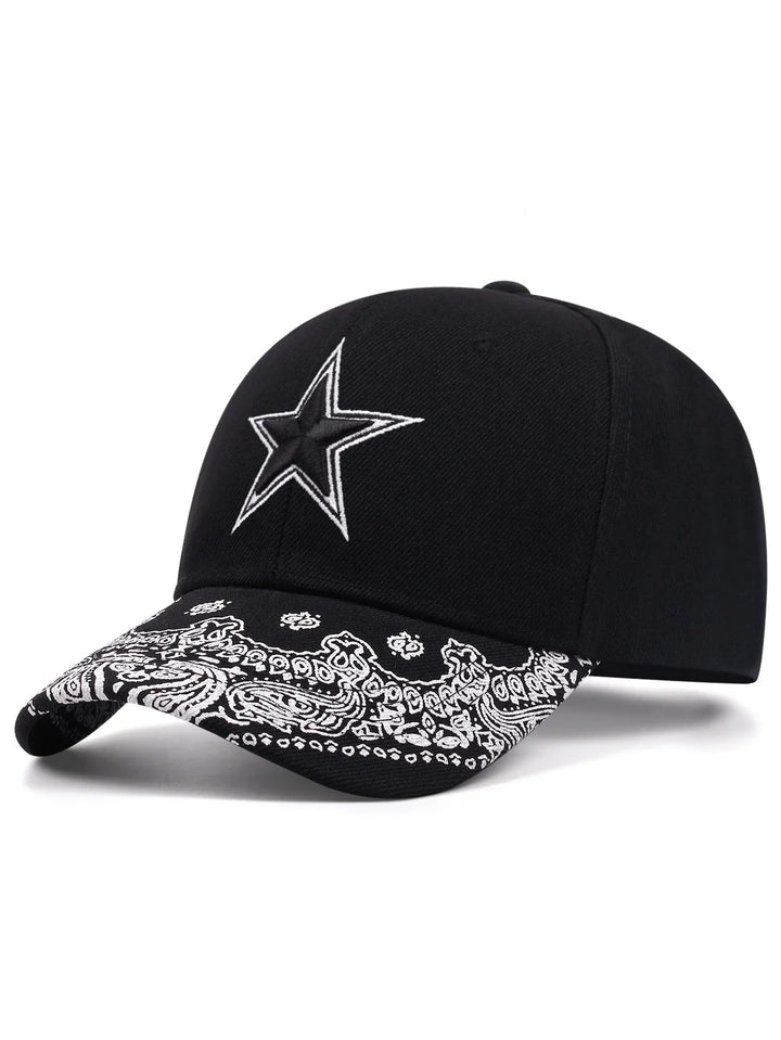 Black baseball cap with white embroidered star and paisley pattern on the curved brim