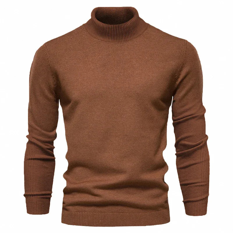 Brown men's slim fit turtleneck sweater with ribbed cuffs and hem