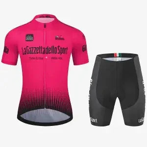 Pink La Gazzetta dello Sport cycling jersey and black shorts set on white background