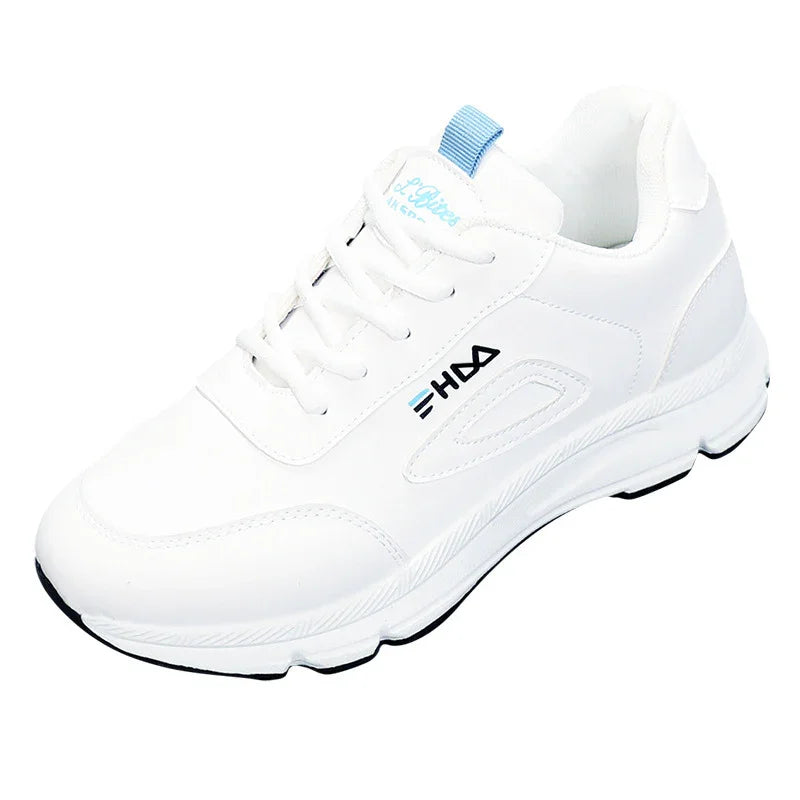White athletic sneaker with blue logo accents and breathable mesh details on white background