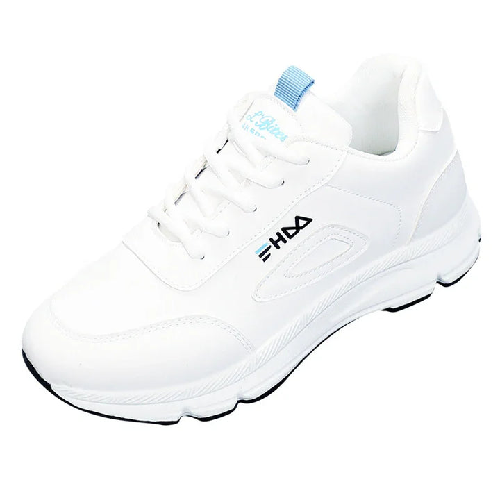 White athletic sneaker with blue logo accents and breathable mesh details on white background