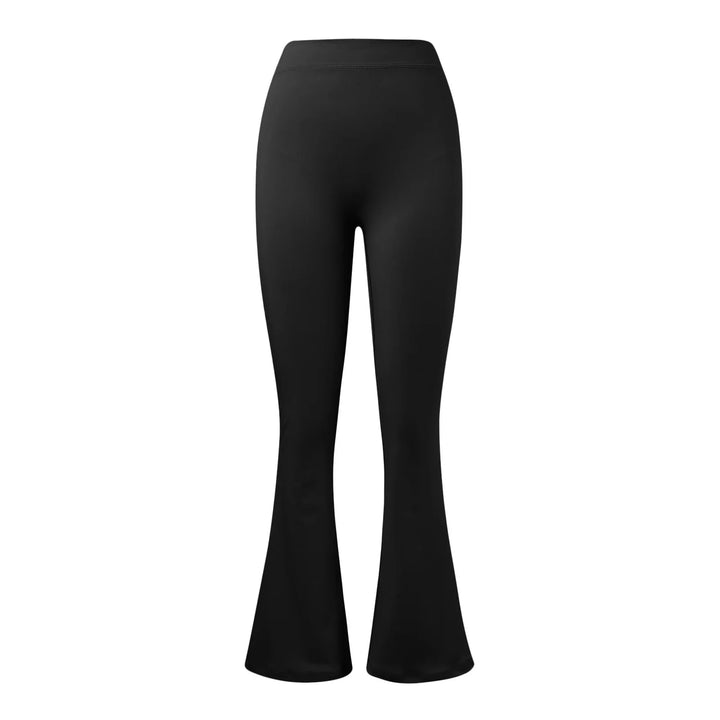 Black high-waisted flared leggings with a smooth fitted design on white background