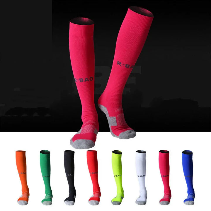 Colorful knee-high athletic compression socks with R-BAO logo on toes and shin, multiple colors