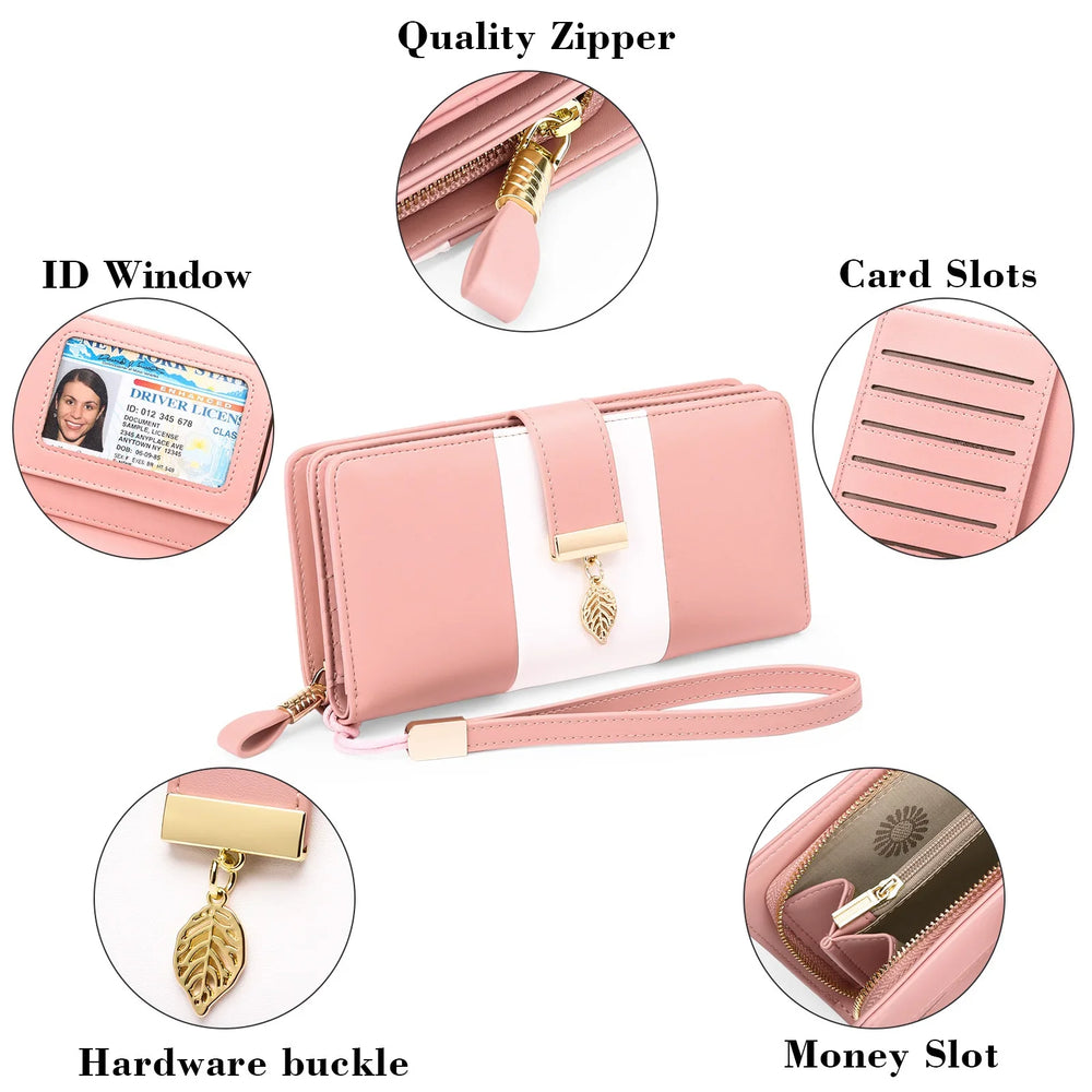 Pink and white wristlet wallet with gold hardware, featuring ID window, card slots, zipper, and money slot
