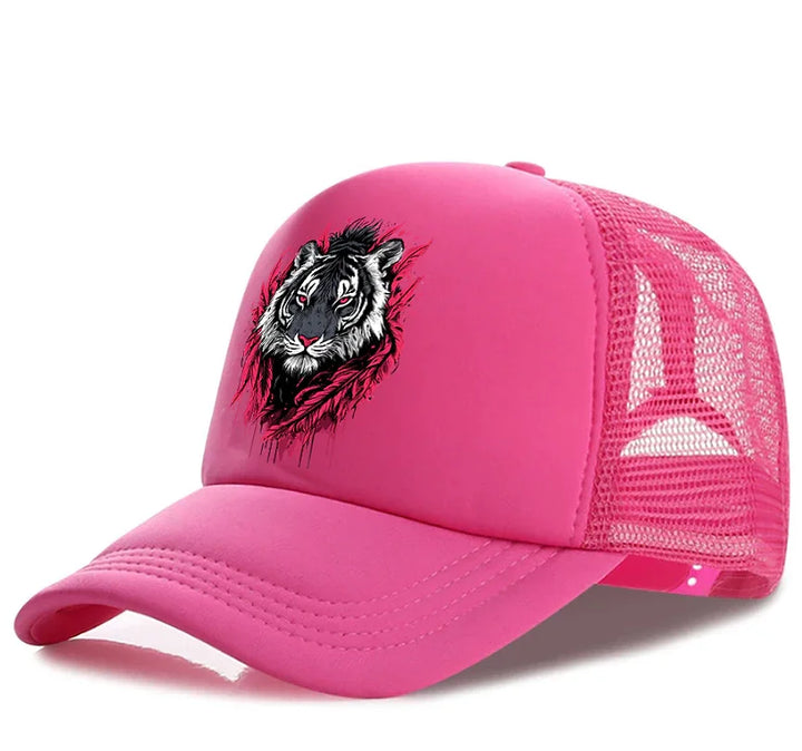 Pink mesh trucker cap with detailed black and white tiger face design on front panel
