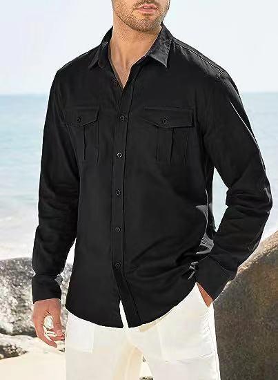 Man wearing black long-sleeve button-up shirt with flap pockets on beach background