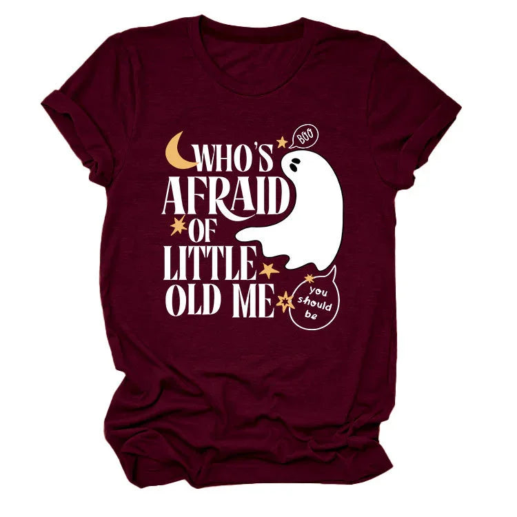 Maroon Halloween t-shirt with white ghost and text Who's Afraid of Little Old Me with moon and stars