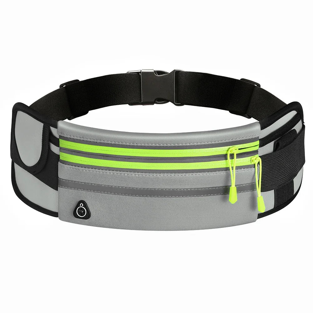 Reflective gray and neon green running belt with adjustable black strap and zippered pocket