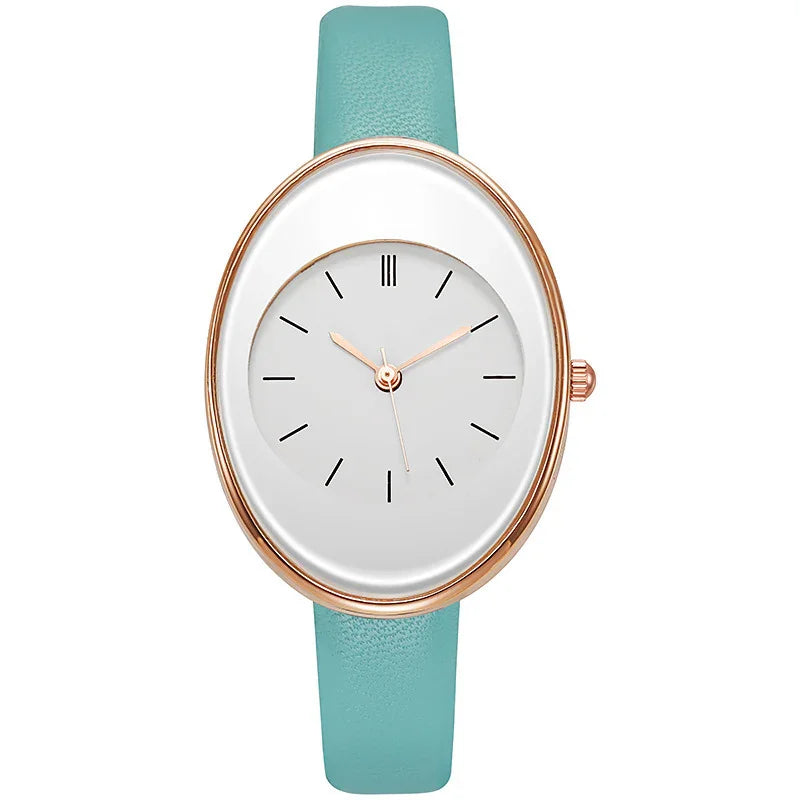 Elegant oval gold watch with minimalist white dial and turquoise leather strap