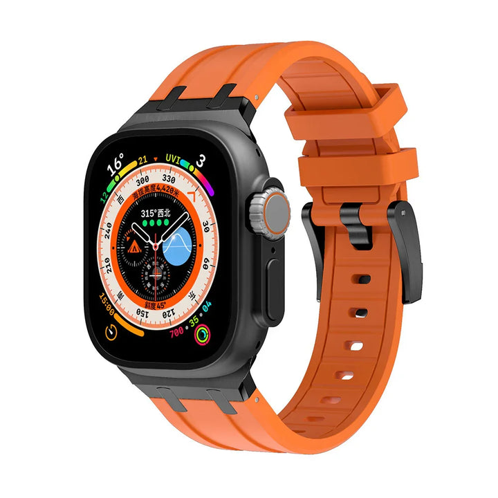 Smartwatch with black case and vibrant orange silicone band, displaying colorful outdoor activity dial