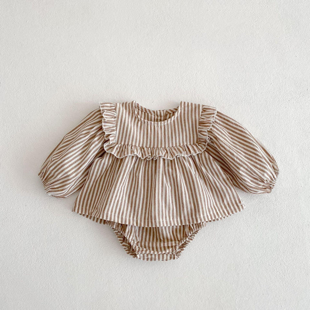 Beige and white striped baby dress with long puff sleeves and ruffle detailing