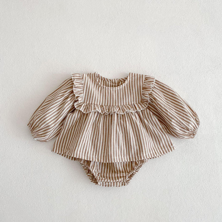 Beige and white striped baby dress with long puff sleeves and ruffle detailing