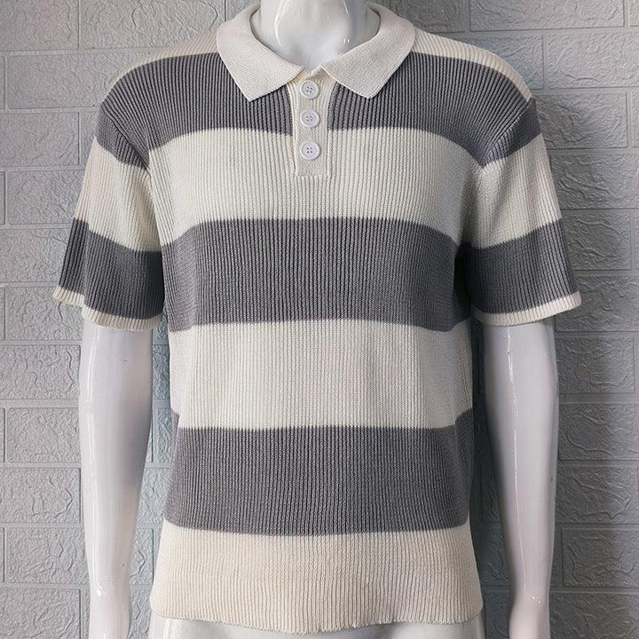 Men's short-sleeve knit polo shirt with white and gray horizontal stripes and three white buttons