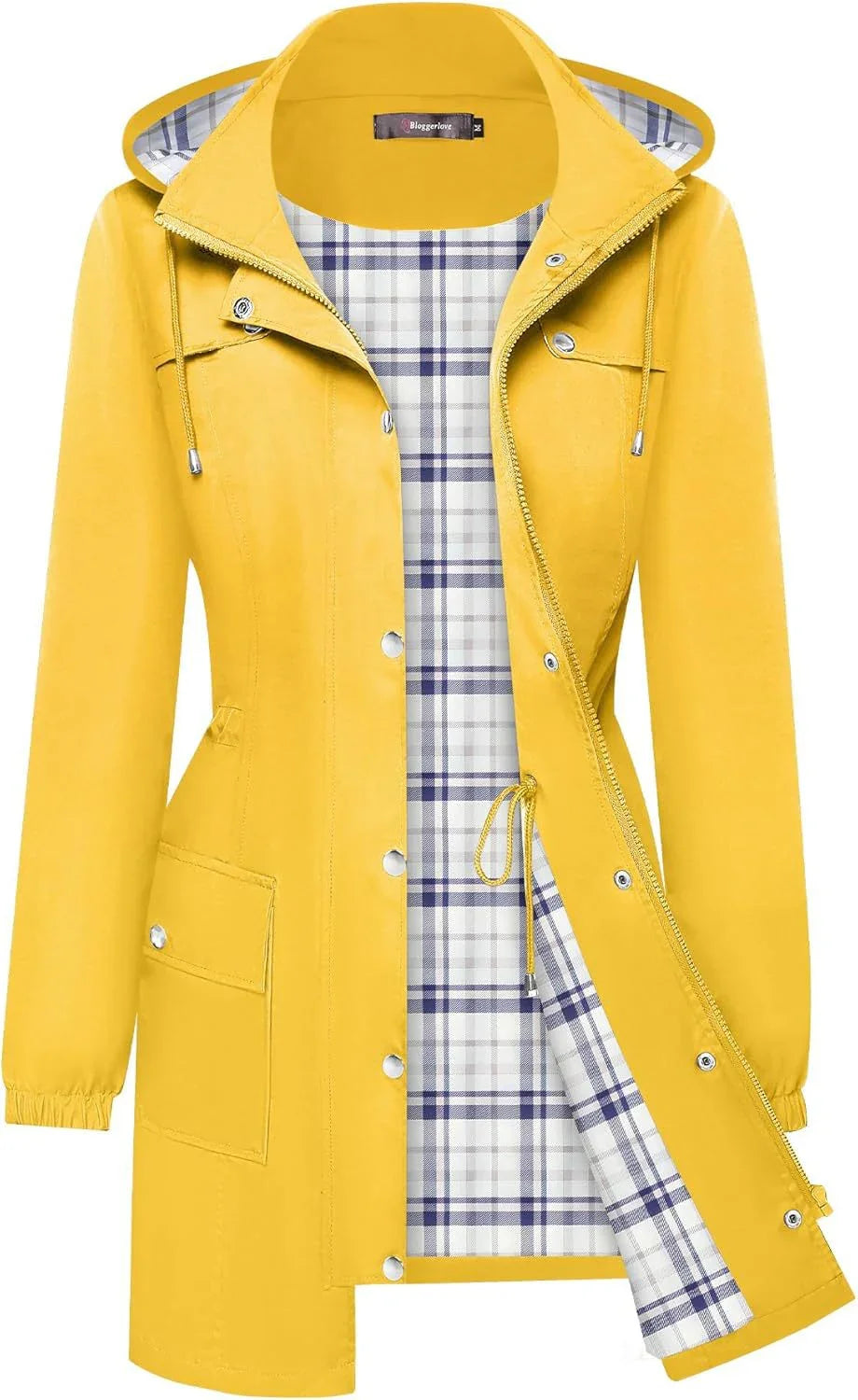 Yellow hooded raincoat with blue and white plaid lining, snap buttons, and front pockets