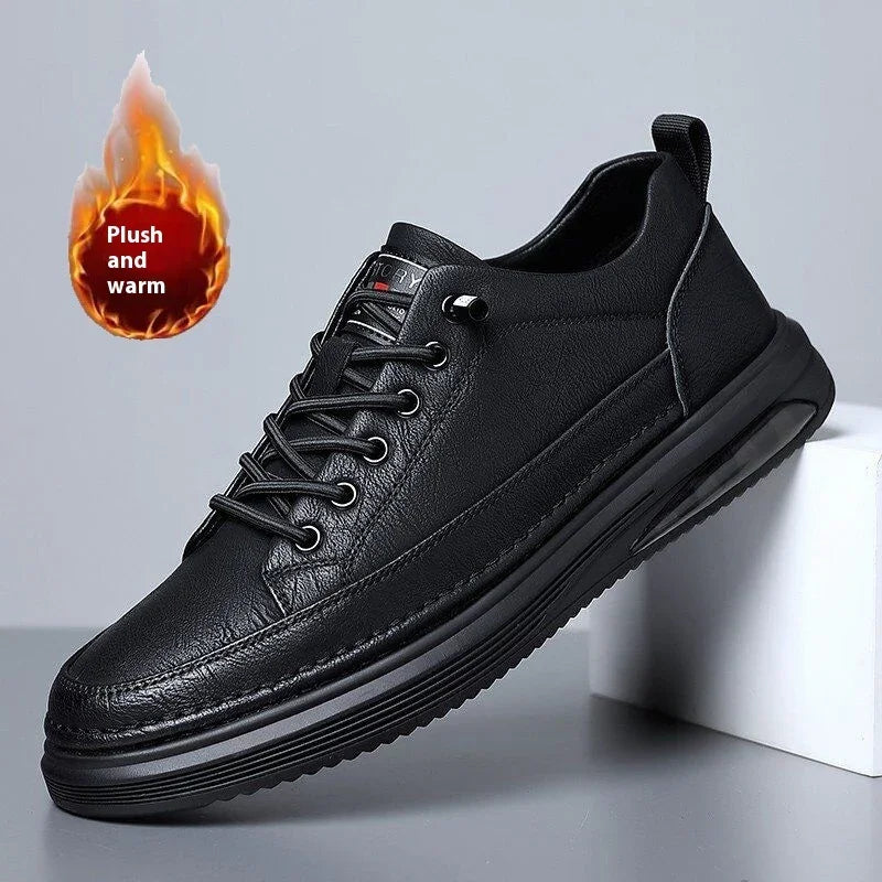Black leather sneaker with air-cushioned sole, plush warm lining, and lace-up design