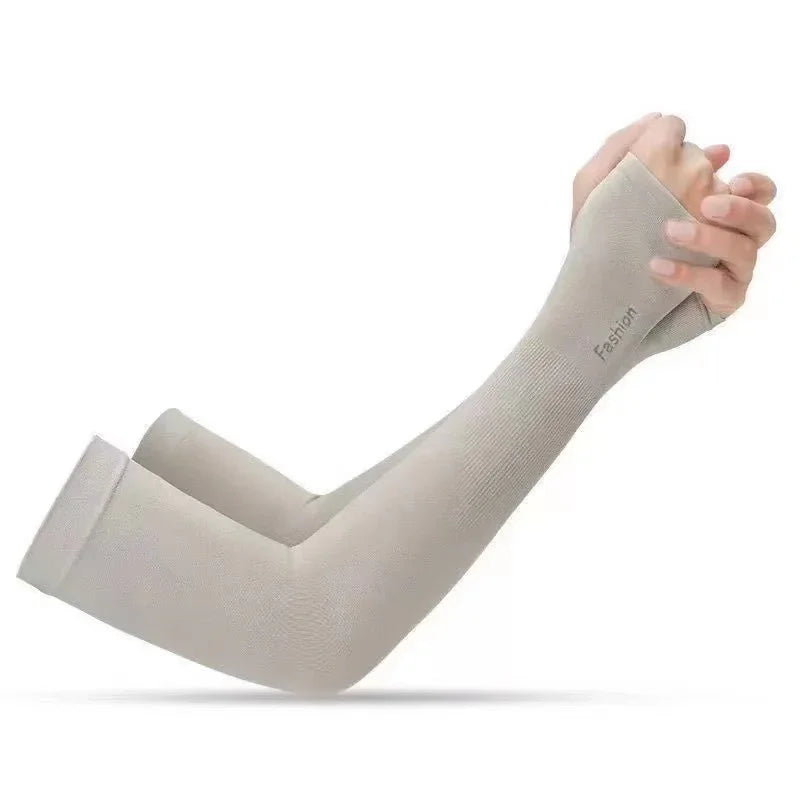 Beige breathable arm sleeves with thumb hole worn on crossed hands for sun protection and fashion
