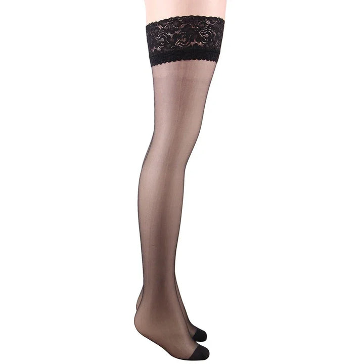 Black sheer thigh-high stockings with lace top and reinforced toes on mannequin legs
