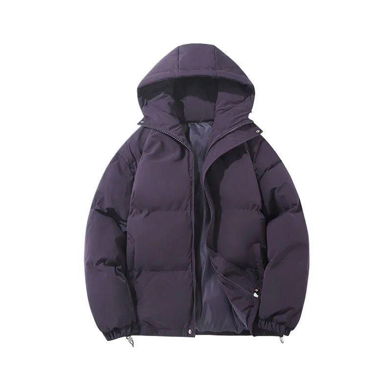Dark purple hooded puffer jacket with front zipper and side pockets on white background