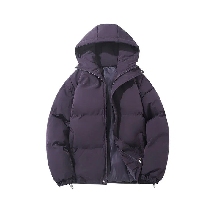 Dark purple hooded puffer jacket with front zipper and side pockets on white background