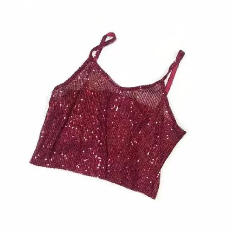 Red sequin spaghetti strap party crop top on white background