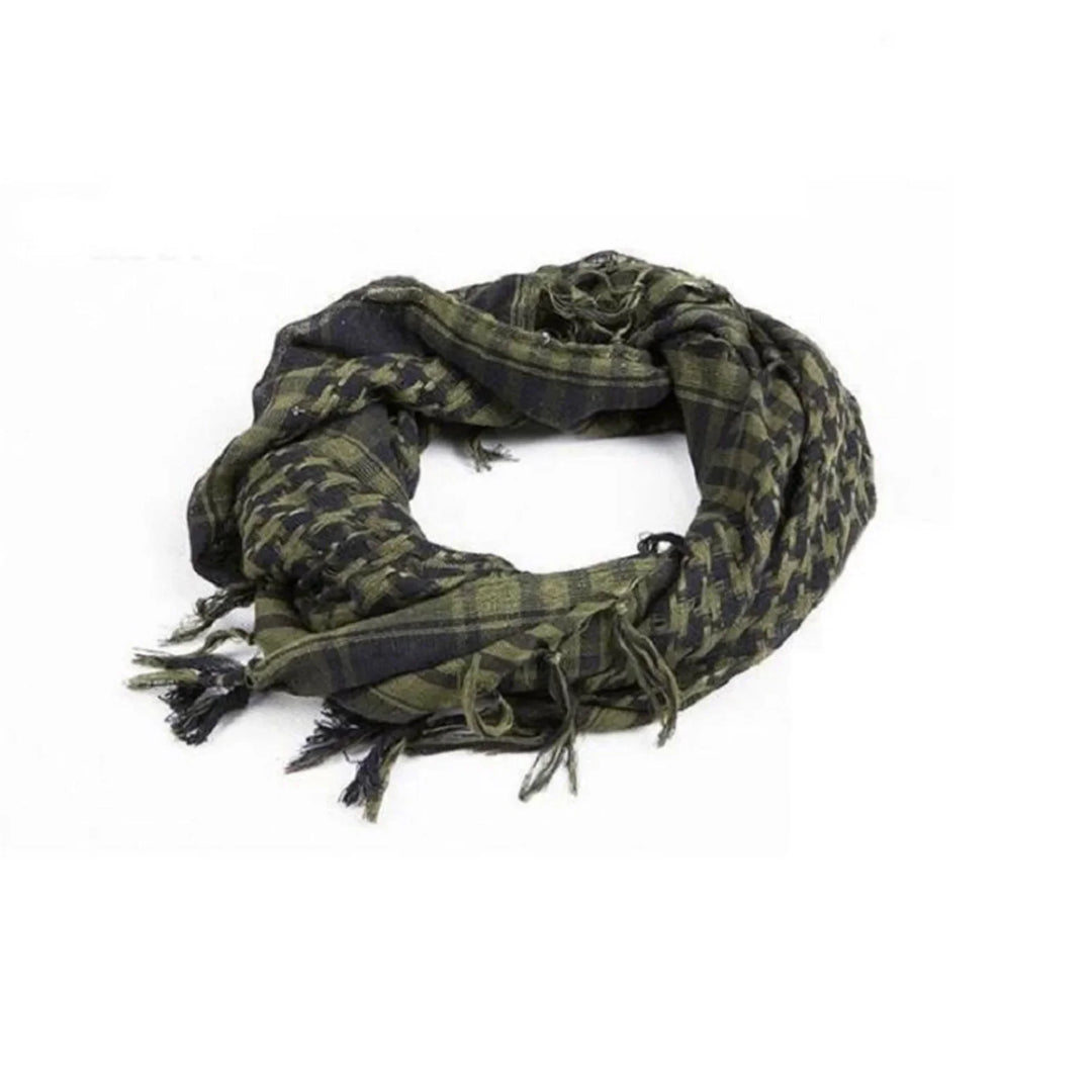 Black and olive green checkered keffiyeh scarf with fringed edges folded in a circle