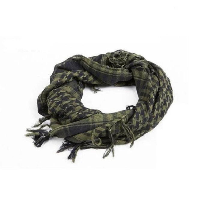 Black and olive green checkered keffiyeh scarf with fringed edges folded in a circle