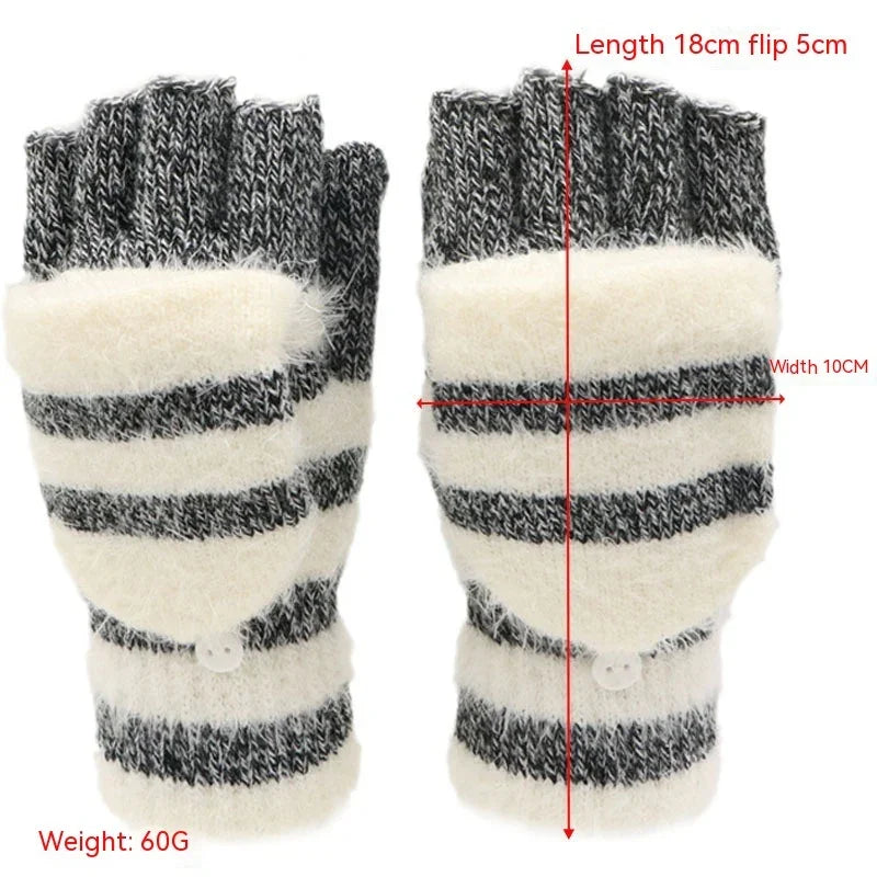 black and white striped wool fingerless gloves with flip-top mittens and measurements