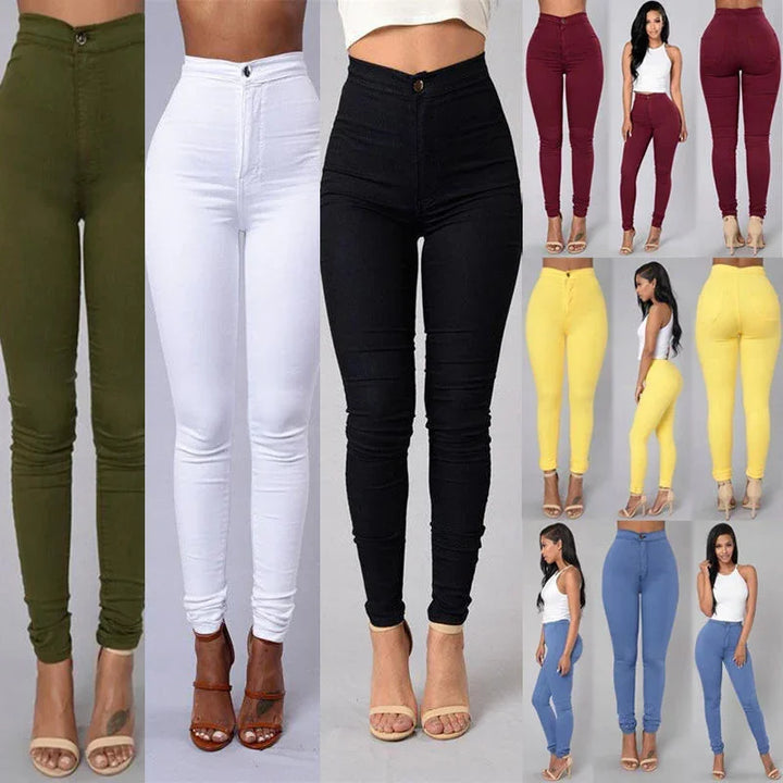 High-waisted skinny jeans in olive, white, black, burgundy, yellow, and blue modeled with heels and white tops